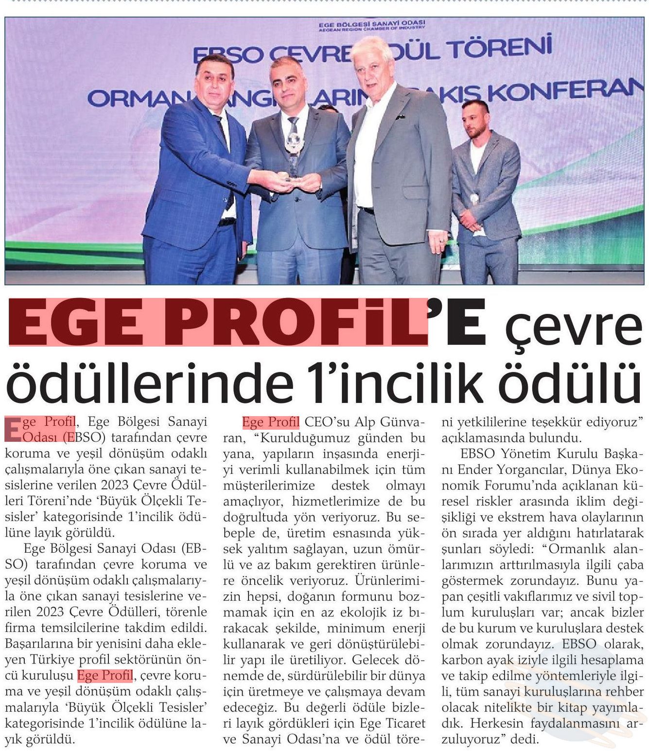 Ege Profil'e Çevre Ödüllerinde Birincilik Ödülü - Analiz Gazetesi